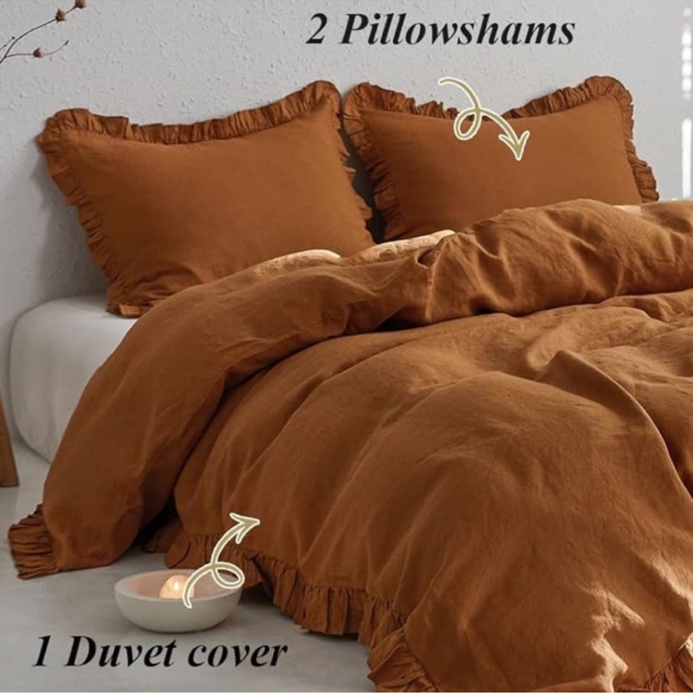 🆕 Luxury 100% Linen Ruffle Duvet Cover Set in QUEEN - Picture 3 of 10